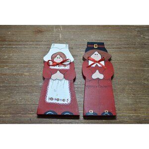 Wooden Hand-painted Pilgrims Set of 2 Country Primitive Thanksgiving Fall READ